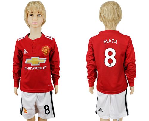 Manchester United #8 Mata Home Long Sleeves Kid Soccer Club Jersey